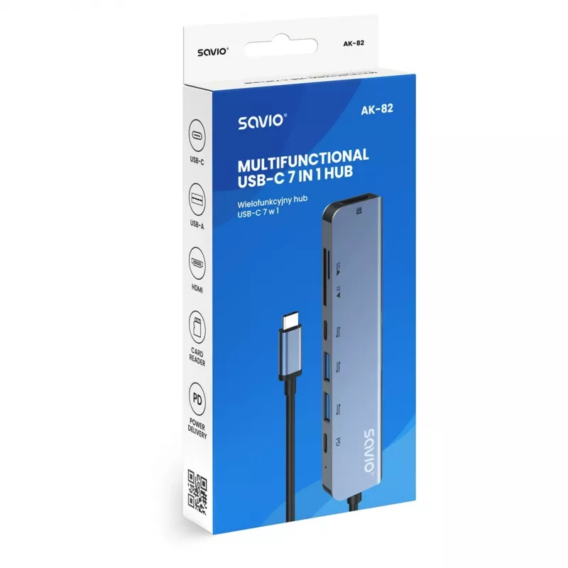 USB Type-C centrālmezgls SAVIO AK-82 ar HDMI, MicroSD, USB 3.2 Gen1, PD caurlaidi, 4K@30Hz, 5000 Mbit/s, melns