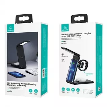 Bezvadu lādētājs ar lampu 3-in-1 15W no usams modelis CD181WXC01 melnā krāsā