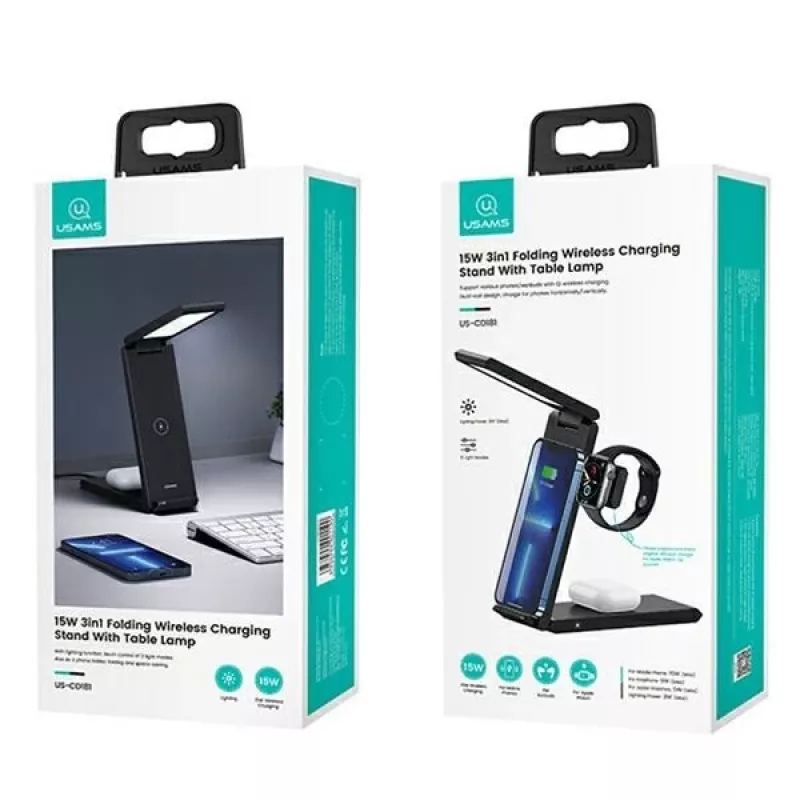 Bezvadu lādētājs ar lampu 3-in-1 15W no usams modelis CD181WXC01 melnā krāsā