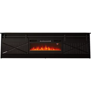 TV skapītis ar kamīnu Cama Meble GRANERO modelis — 200 x 56,7 x 35 cm, melns/melns spīdums, 2 durvis, 2 plaukti, bīdāmās durvis, MDF/skaidu plātne