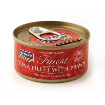 Mitrā kaķu barība FISH4DOGS Tunciša fileja ar garnelēm 70 g — konservēta mitrā barība, 83% mitruma, 14% olbaltumvielu, bez lipekļa un sojas