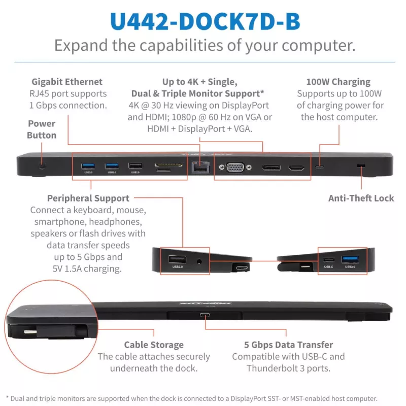 USB-C dokstacija, trīskāršs displejs - 4K HDMI un DP, VGA, USB 3.2 Gen 1, USB-A/C centrmezgls, GbE, 100 W PD uzlāde