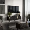TV skapis Cama Meble MOUNTAIN 154x40x55 cm — skaidu plākšņu virsma, melns un zelts