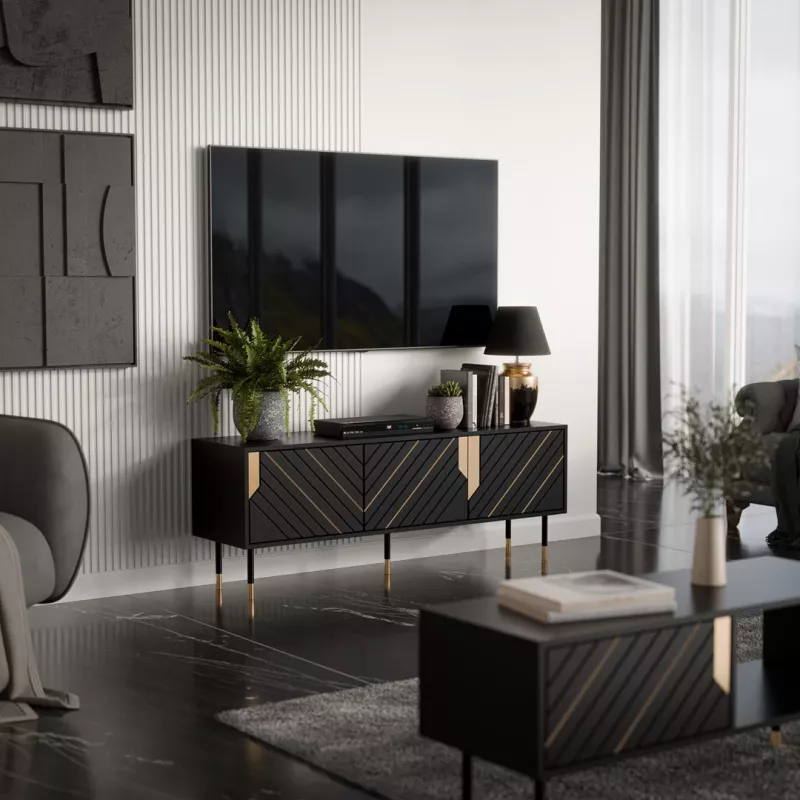 TV skapis Cama Meble MOUNTAIN 154x40x55 cm — skaidu plākšņu virsma, melns un zelts