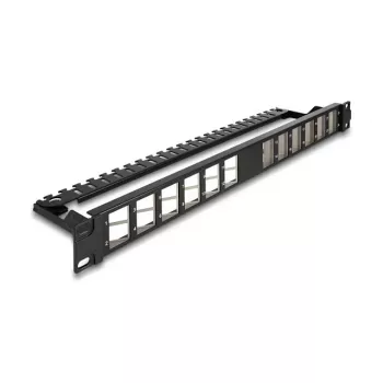 DELOCK 19 collu Keystone ielāpu panelis 24-portu leņķveida ar stiepes samazināšanu, 1U, melns, 482.6×125.5×44.2 mm