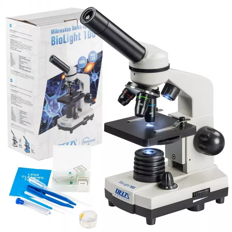 Kombinētais optiskais mikroskops Deltaoptical DO-3210 — monokulārs, 3 ahromātiski objektīvi, LED apgaismojums, 40–400×, 45° slīpa rotējoša galva