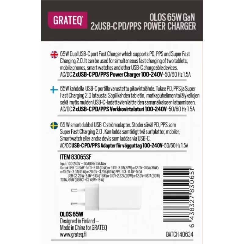 Lādētājs GRATEQ OLOS PD/PPS 2xUSB-C 65W ātrā strāvas lādētājs 35W