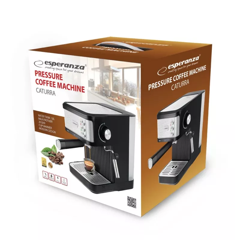 Espresso kafijas automāts ESPERANZA EKC011 — 1,8 l ūdens tvertne, 850 W, 20 bāri, skārienjutīga vadība, piena putotājs