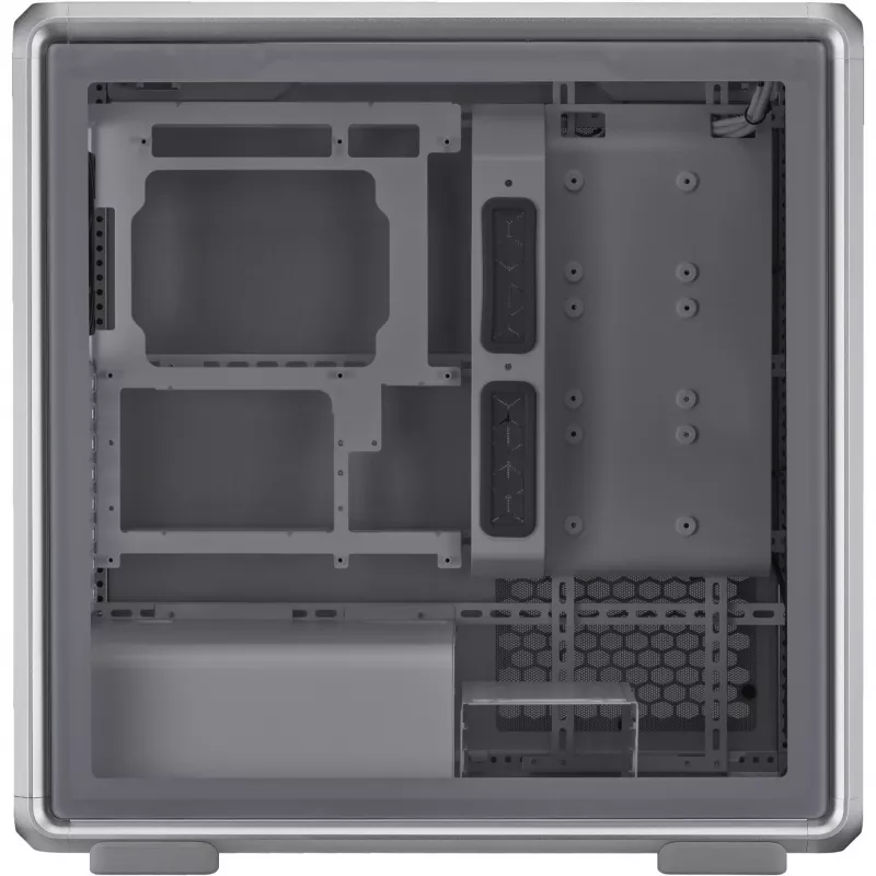 PC korpuss Cooler Master MasterFrame 600 Midi Tower Sudraba — ATX/Micro-ATX/ITX, rūdīts stikls, atbalsta 3x140 mm priekšējos ventilatorus