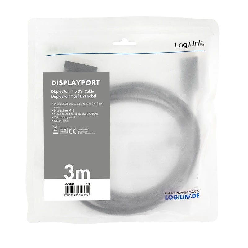 Video kabeļa adapteris LogiLink CV0132 DisplayPort uz DVI 3 m melns