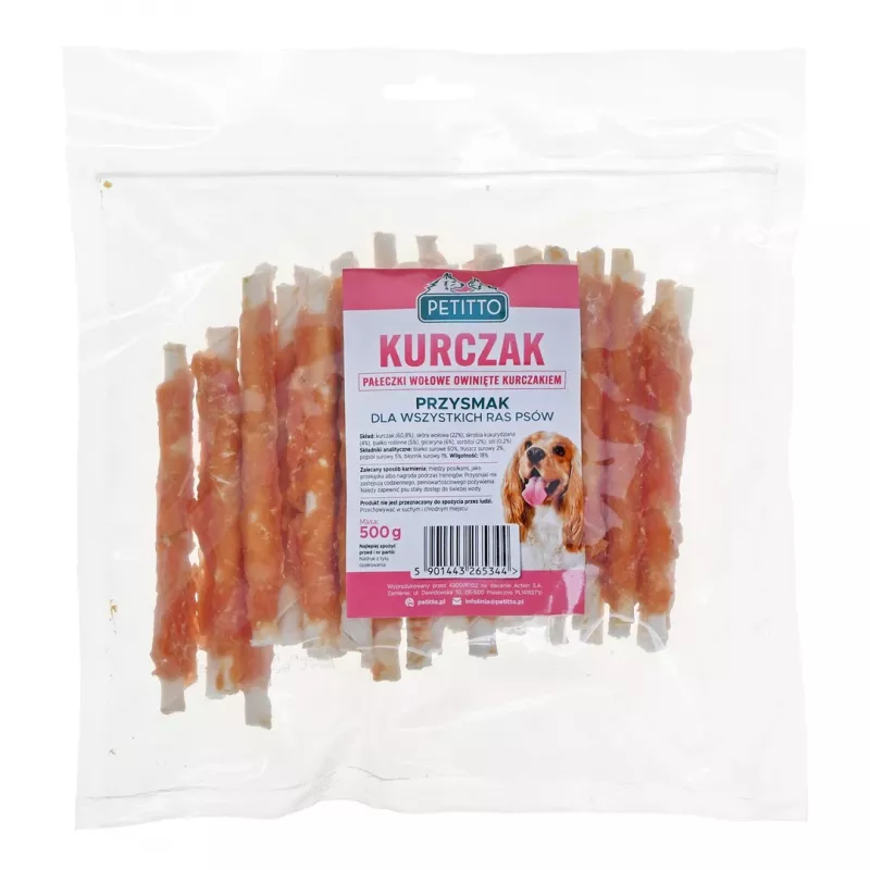 Suņu kārumi PETITTO Chicken wrapped chopsticks 500 g — vistas garšas košļājamie kociņi, 60% proteīna, 18% mitruma