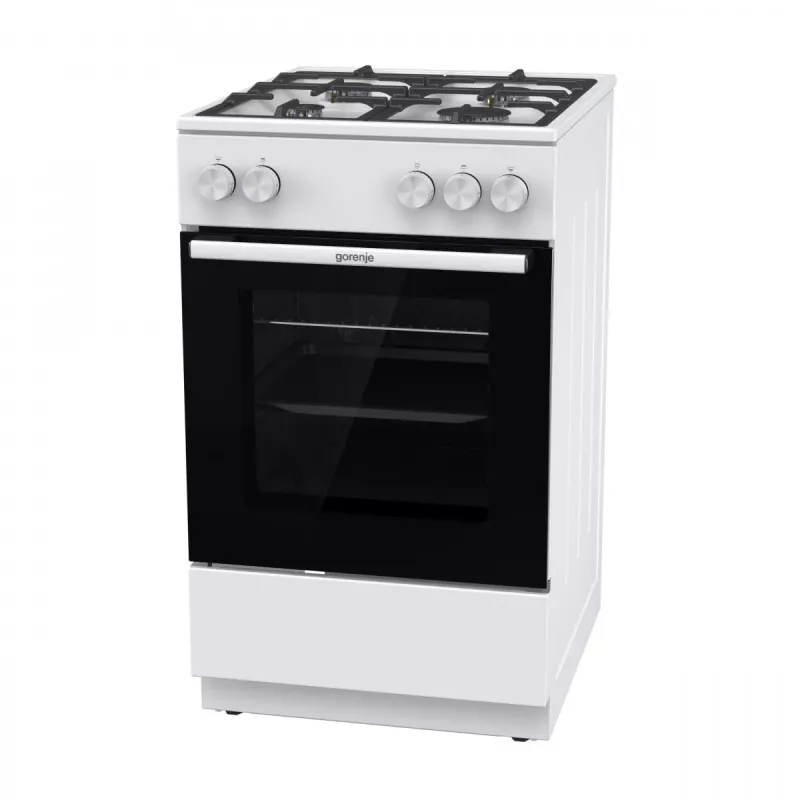 Brīvi stāvoša gāzes plīts ar krāsni Gorenje GG5A10WFFM — 4 degļu plīts virsma, 70 l krāsns, emaljēta augšdaļa, balta