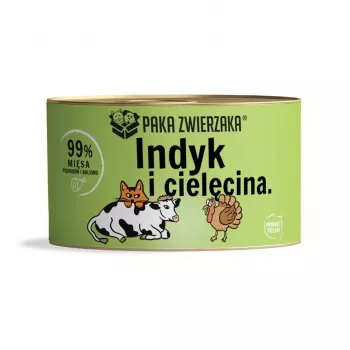 Mitrā kaķu barība PAKA ZWIERZAKA Tītars ar teļa gaļu 200 g, bez graudiem, bez cukura, pieaugušiem kaķiem