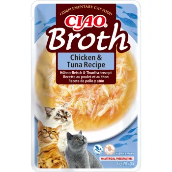 Mitrs kaķu kārums INABA Ciao Broth ar vistu un tunci 40 g — gaļīgs šķidrs našķis paciņā, olbaltumvielas 9,4%, mitrums 88%