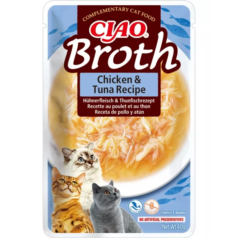 Mitrs kaķu kārums INABA Ciao Broth ar vistu un tunci 40 g — gaļīgs šķidrs našķis paciņā, olbaltumvielas 9,4%, mitrums 88%