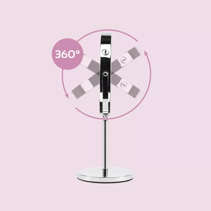 Brīvi stāvošs grima spogulis Girmi BE02 — apaļš nerūsējošā tērauda, LED skārienvadība, 1x/3x palielinājums, USB-C uzlādējams (1000 mAh)