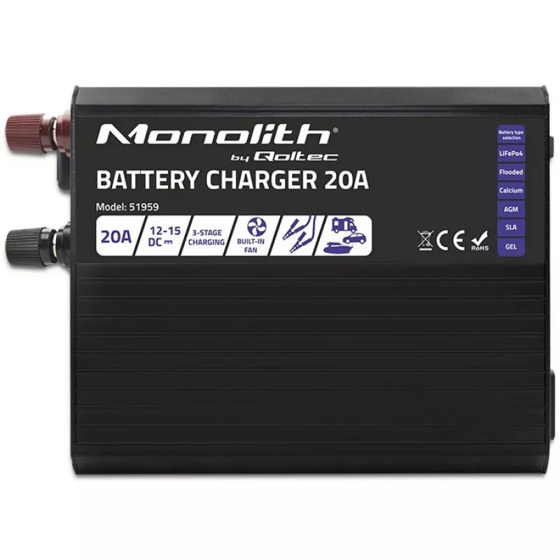 Lādētājs QOLTEC Monolith 20A 12V LiFePO4, AGM, GEL, SLA akumulatoriem