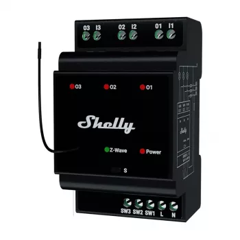 DIN-sliedes viedais relejs Shelly WavePro3, 3 kanālu Z-Wave, 110–240 V, 25 A kanālā, AES-128, DIN uzstādīšana