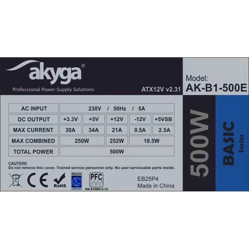 ATX barošanas bloks Akyga AK-B1-500E 500 W, 120 mm ventilators, 20+4 pin ATX, 3× SATA, pasīvs PFC