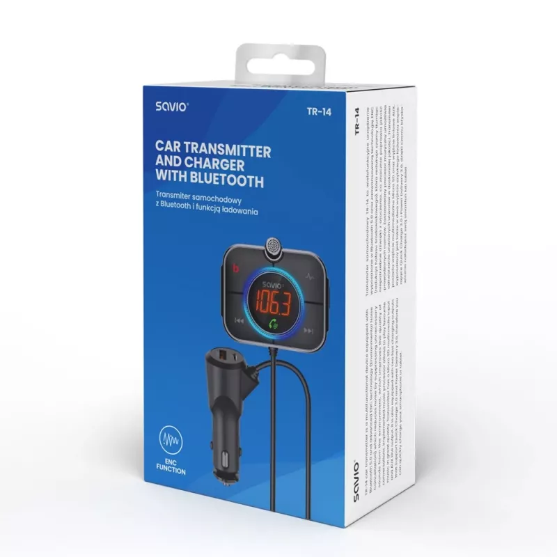 FM raidītājs SAVIO TR-14 Bluetooth USB, FM 87.6–107.9 MHz, MicroSD, USB-C, 12 V automašīnas barošana