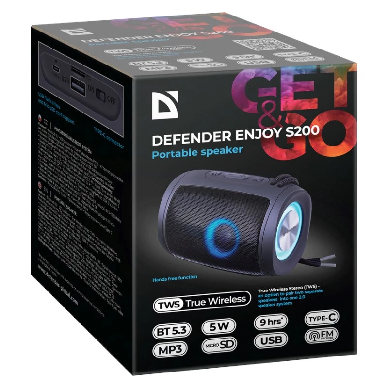Pārnēsājamais Bluetooth skaļrunis DEFENDER Ejoy S200 TWS 2.0, 5 W, Bluetooth 5.3, LED, 10 h akumulators, iebūvēts mikrofons