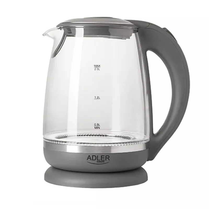 Adler | Tējkanna | AD 1286 | Standarta | 2200 W | 2 L | Plastmasa/Stikls | 360° grozāma pamatne | Pelēka/caurspīdīga
