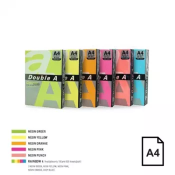 Krāsains neona papīrs Double A, 75 g, A4, 500 loksnes, Rainbow 4, 5 neona krāsas