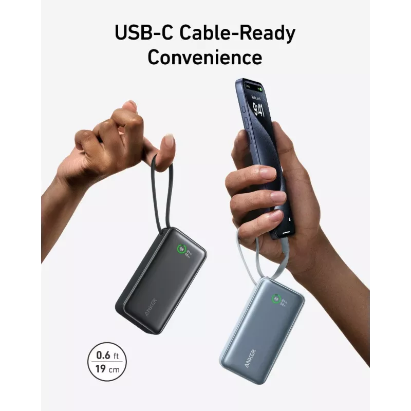 Powerbank 545 NANO 30W 10000mAh ar iebūvētu USB-C kabeli, melns