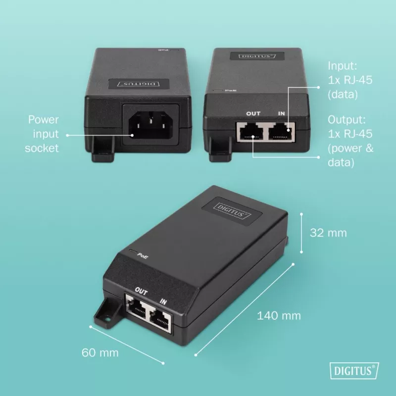 Digitus Gigabit Ethernet PoE+ ievadītājs 802.3at 30 W melns
