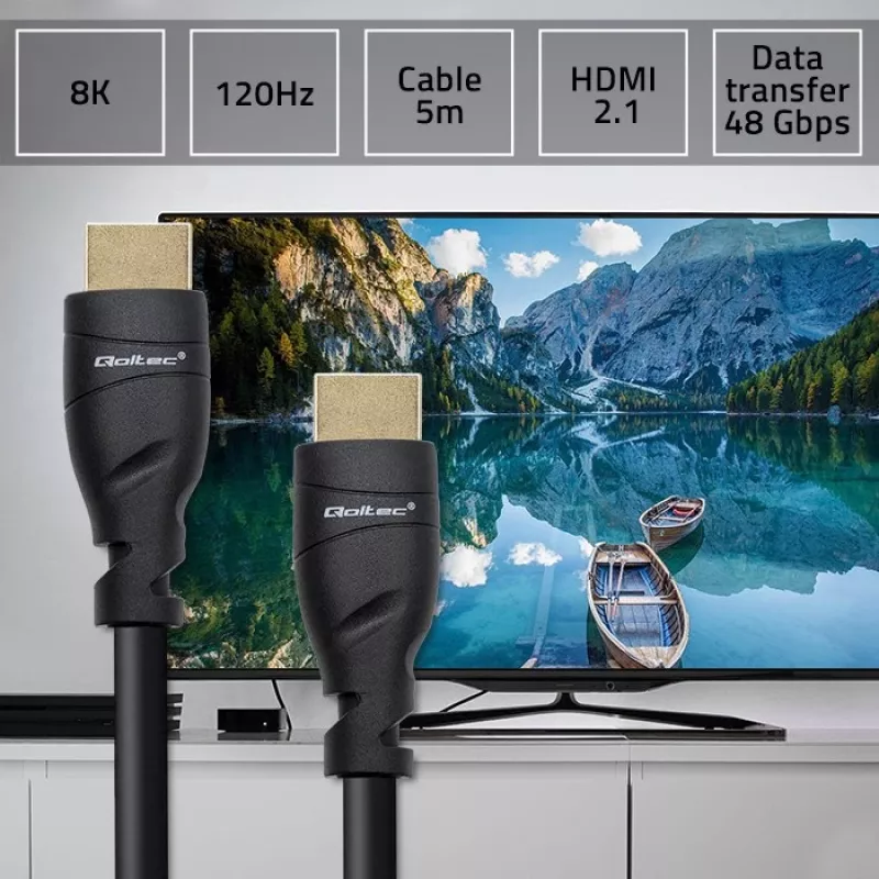 HDMI 2.1 kabelis QOLTEC 5 m — 48 Gbit/s, 8K@60Hz, 26AWG, zeltīti savienotāji