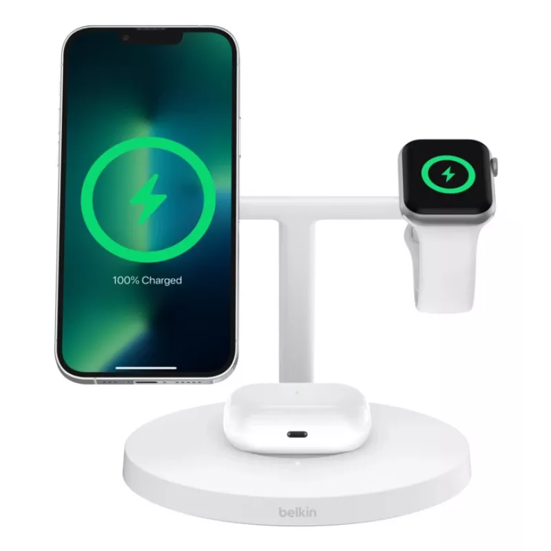 Belkin BoostCharge Pro 3-in-1 bezvadu uzlādes stacija baltā krāsā