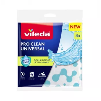 Tīrīšanas lupatiņa VILEDA Pro Clean 179370 — universāla ar fermentiem apstrādāta lupatiņa, mitrai lietošanai, iepakojumā 4 gab.