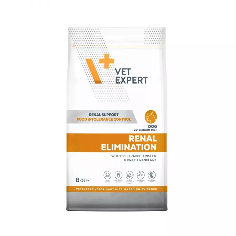 Sausā suņu barība VETEXPERT Veterinary Diet Renal Elimination — pieaugušiem suņiem, truša garša, 8 kg, proteīns 15,8%, tauki 19,5%