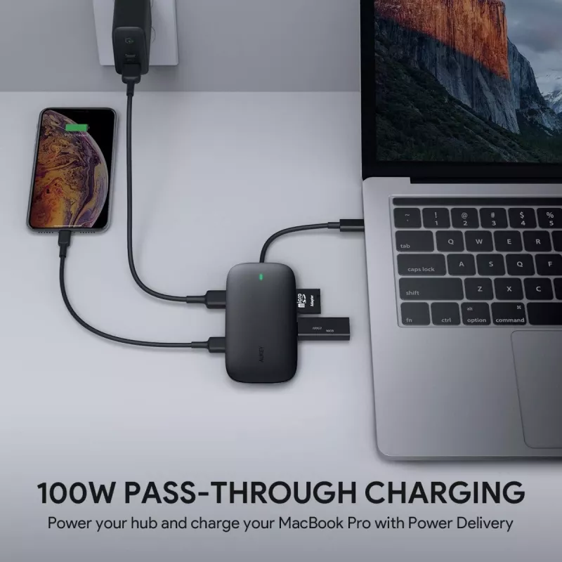Klēpjdatora dokstacija AUKEY CB-C71 — 3x USB‑C (USB 3.2 Gen1), HDMI, RJ‑45, MicroSD, USB PD 100W, 0,15 m kabelis, melna