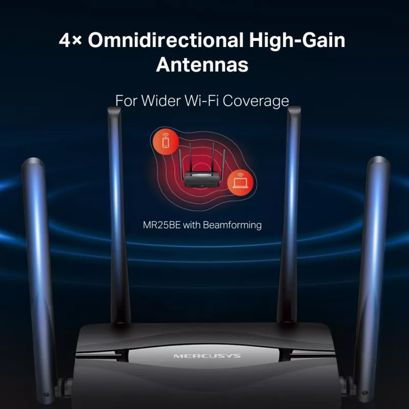 Galda maršrutētājs MERCUSYS MR25BE EasyMesh Wi‑Fi 7 divjoslu 2,4/5 GHz, 3600 Mbps, 3× Gigabit LAN, 4 ārējās antenas