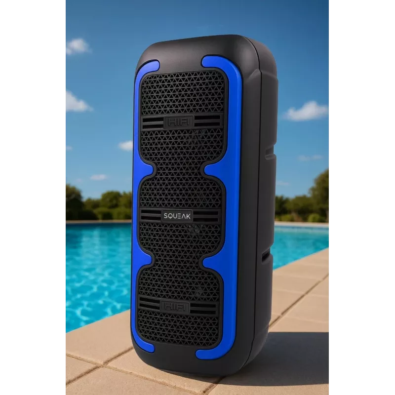 Pārnēsājams stereo skaļrunis SQUEAK SQ1009 — Bluetooth 5.3, 45 W RMS, 10 stundu akumulators, FM, USB, AUX, LED, 1800 mAh, melns