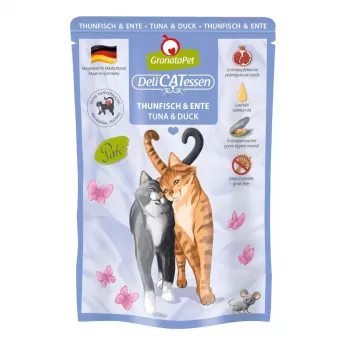 Slapjā kaķu barība Fox4Pets DeliCATessen Tuncis un pīle 85 g paceliņā, pilnvērtīga bezgraudu diēta pieaugušiem kaķiem