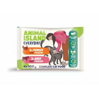 ANIMAL ISLAND liellopu/tītara kaķu barības paciņas 4x100g
