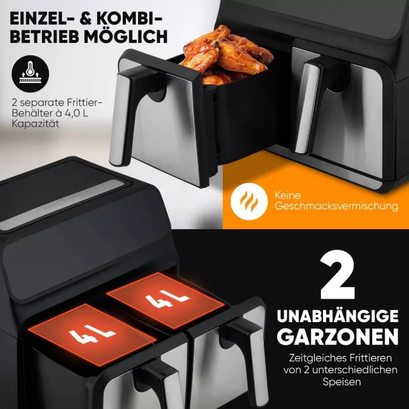 Karstā gaisa fritieris ProfiCook PC-FR 1287 H — dubultā 8 L, 2200 W, skārienjūtīgs LED, melns/nerūsējošais tērauds