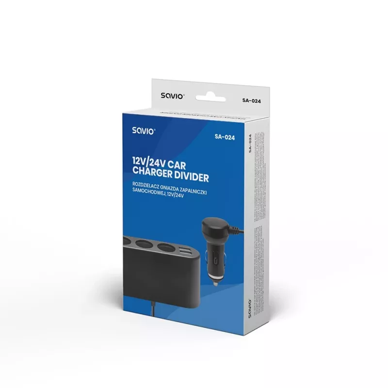 Automašīnas USB lādētājs SAVIO SA-024 — universāls mobilo ierīču lādētājs, ieeja 12–24 V, izeja 5 V, melns, cigarešu aizdedzinātāja ligzdai