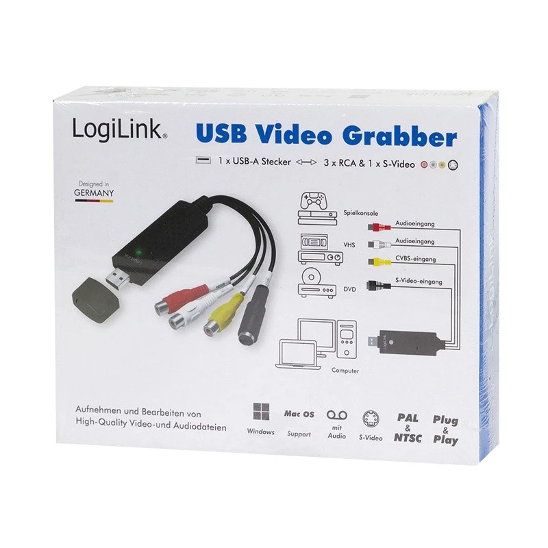 LogiLink USB 2.0 a/V Grabber. USB a/M Zu 3xCinch + MiniDIN5/F. Melns