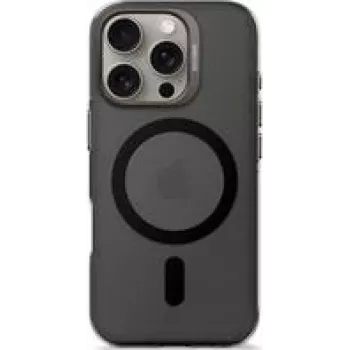 Tālruņa mugursoma Decoded iPhone 16 Pro, caurspīdīgi melns, izgatavots no pārstrādātas plastmasas Rūdīta stikla ekrāna aizsargs