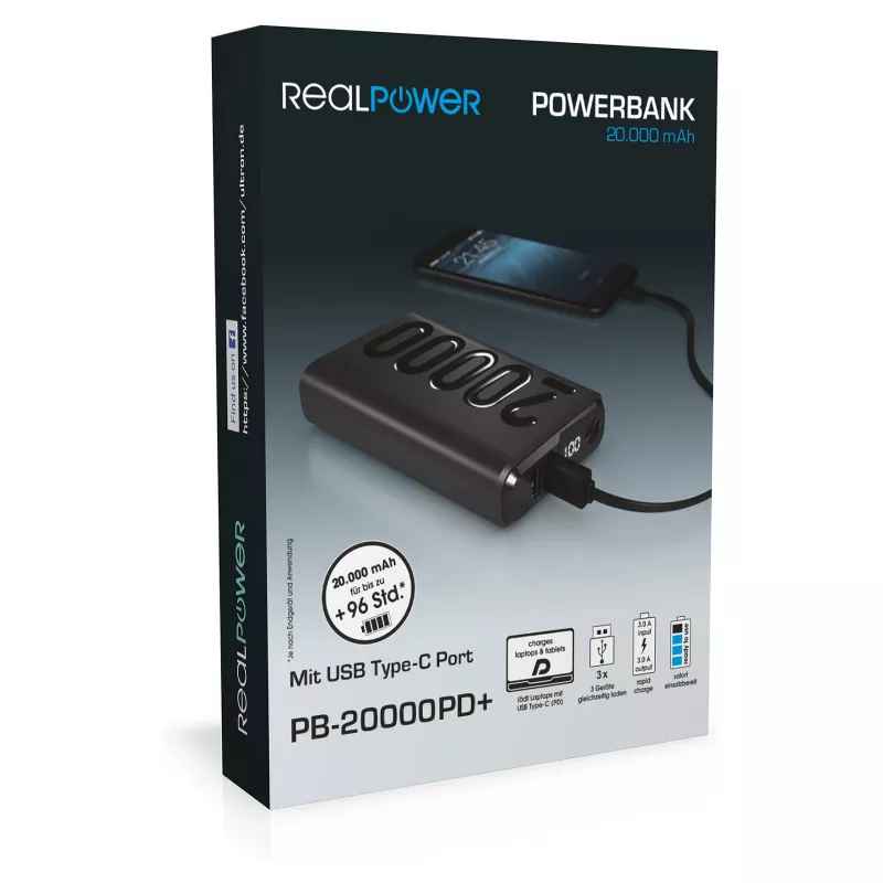 Ārējais akumulators RealPower PB-20000 PD melns (323369)
