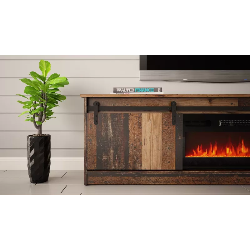 TV skapis Cama Meble GRANERO ar kamīna skapi, 2000×567×350 mm, skaidu plātne/MDF, 2 bīdāmas durvis, matēts vecā koka izskats