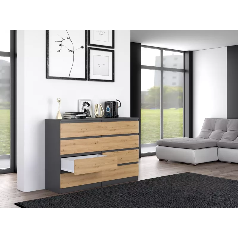 Kumode top e shop M8 140 ANT/ART — 8 atvilktnēm, Antracīta/Ozola, 1380×400×970 mm, Skaidu plātne