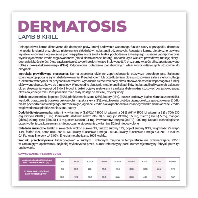 Sausā suņu barība VETEXPERT Dermatosis Lamb & Krill 12 kg — veterinārā diēta ādas stāvokļiem, olbaltumvielas 24%, tauki 17%