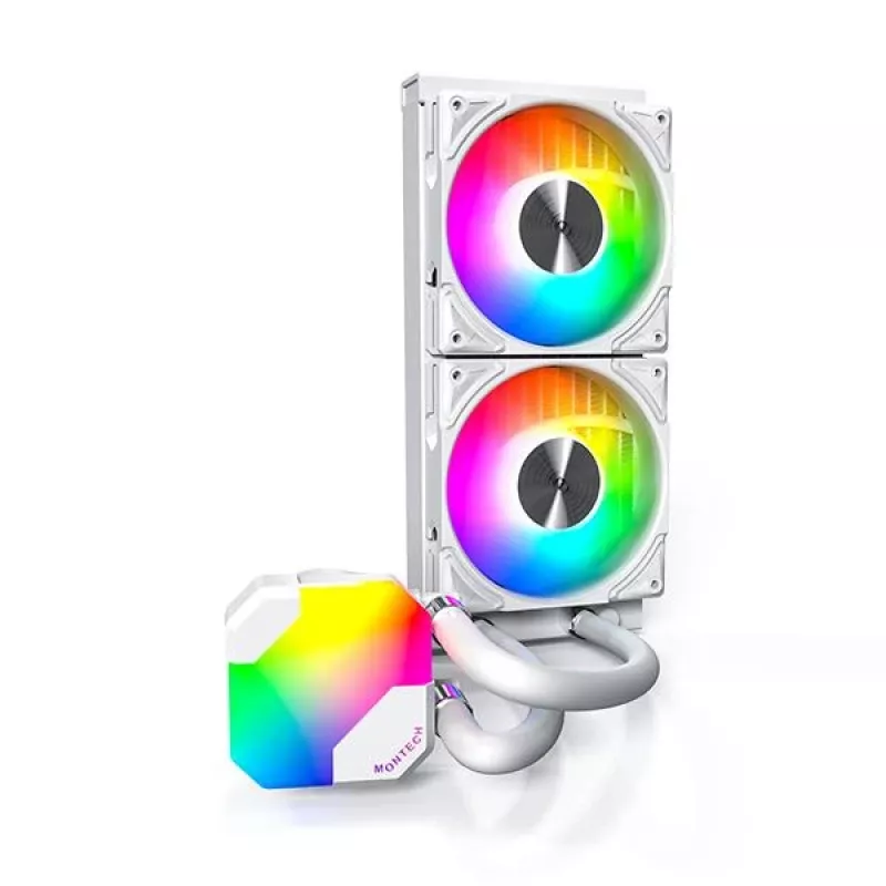 AIO ūdens dzesētājs Montech Hyper Flow ARGB 240 mm balts — 240 mm radiators, ARGB apgaismojums, balta apdare