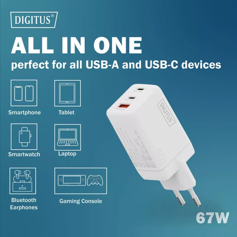 Wall charger DIGITUS DA-10303 67W GaN, 2× USB-C + 1× USB-A, 100–240V, balta