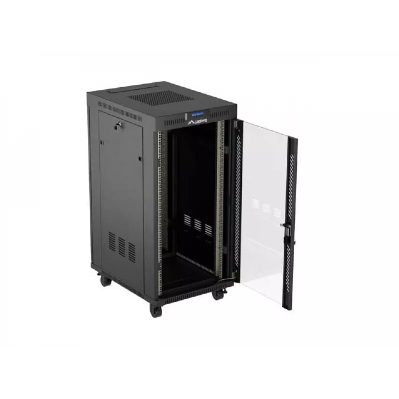 Tīkla statīva skapis LANBERG 19 collu 24U 600x800 mm melns ar stikla durvīm un LCD izgriezumu (plakanais iepakojums) v2