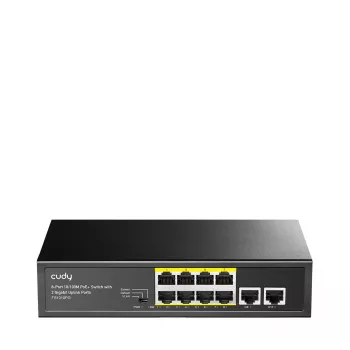 Tīkla slēdzis Cudy FS1010PG — 10/100 Mbps, 8 PoE porti, 2 augšupielādes porti, 120 W PoE budžets, metāla korpuss